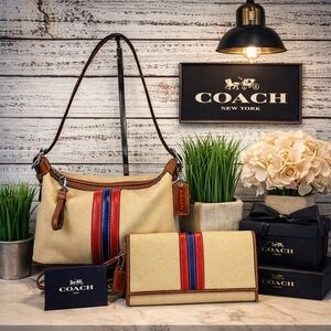 Coach Y2K Soho Hampton Stripe Hand Shoulder Bag Tan Brown Wallet‎ Set Purse guc